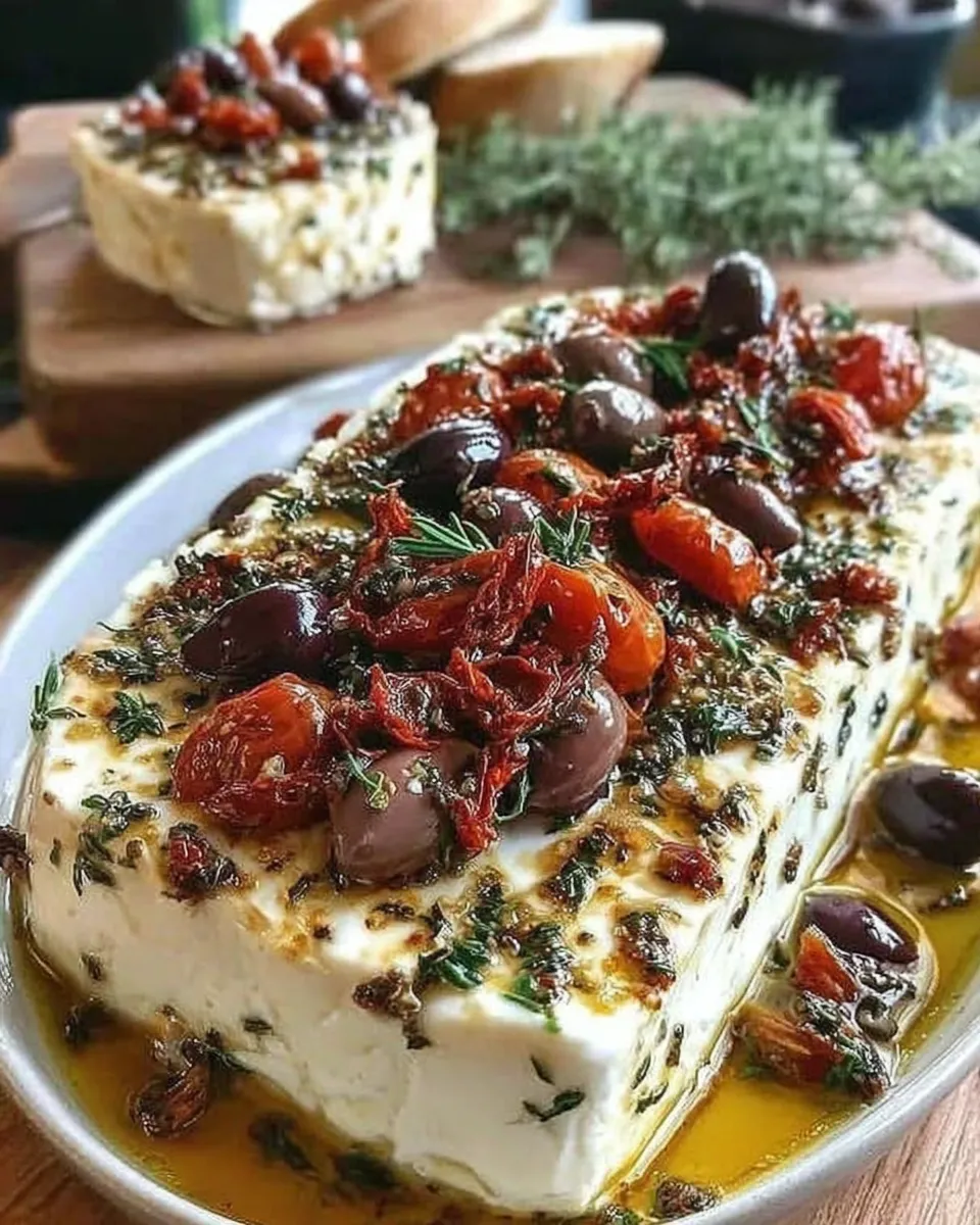 Serving baked feta with olives and crusty bread