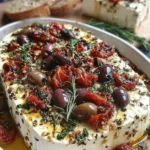 Baked feta with olives and sun-dried tomatoes in a ceramic dish