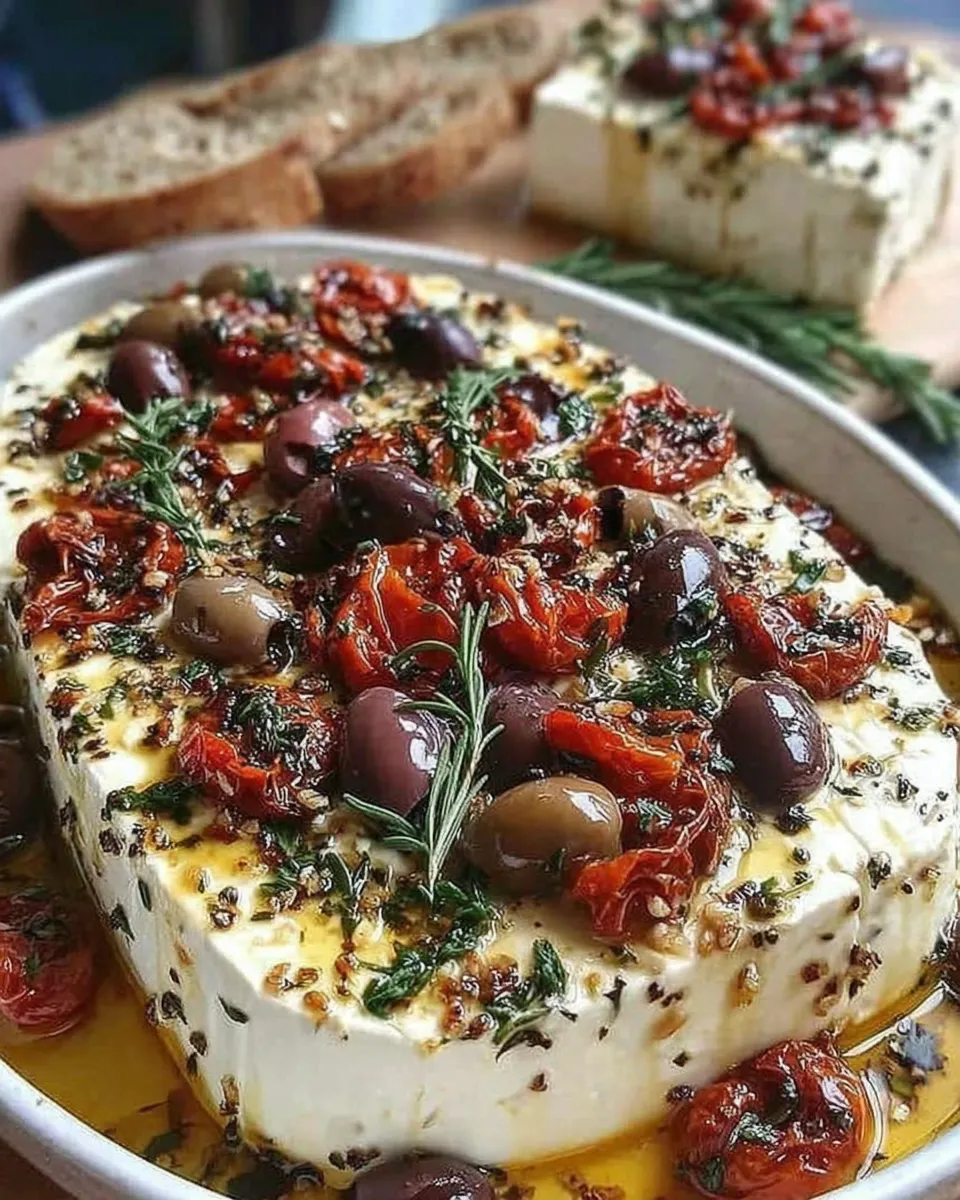 Baked feta with olives and sun-dried tomatoes in a ceramic dish