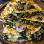 Cheesy baked spinach mushroom quesadillas cut into triangles on a baking tray