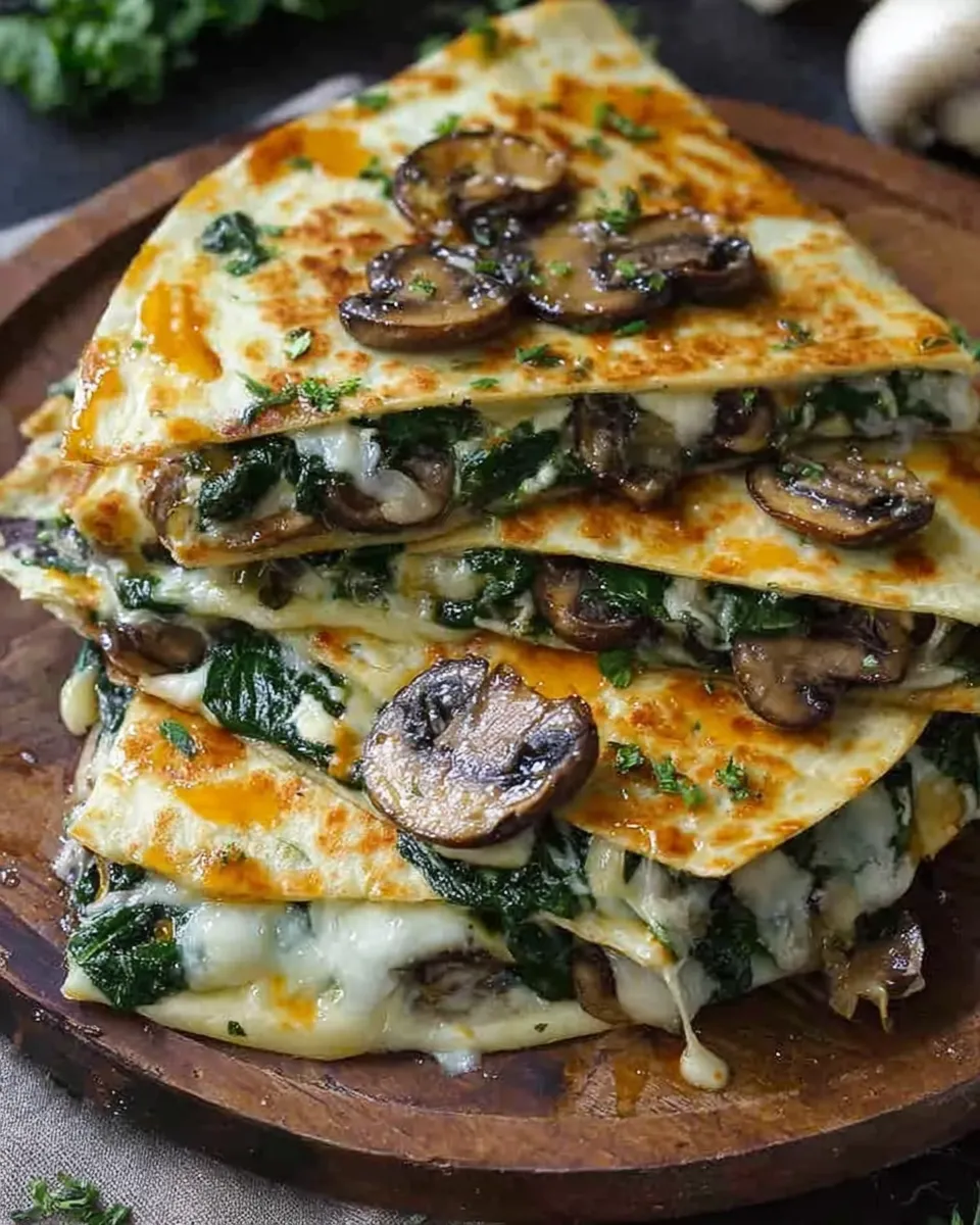 Cheesy baked spinach mushroom quesadillas cut into triangles on a baking tray