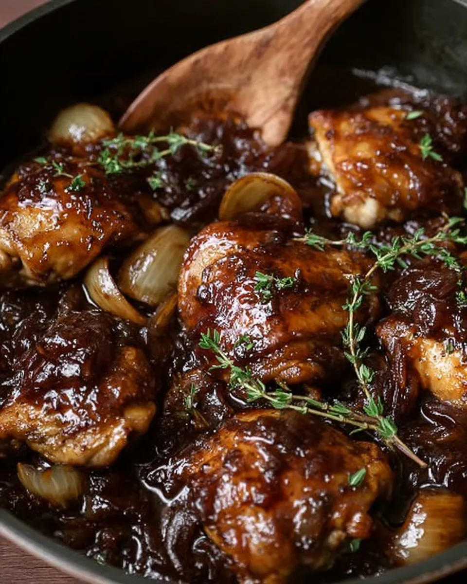 Balsamic fig chicken thighs with caramelized onions and thyme in a skillet