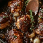 Balsamic fig chicken thighs with caramelized onions and thyme in a skillet