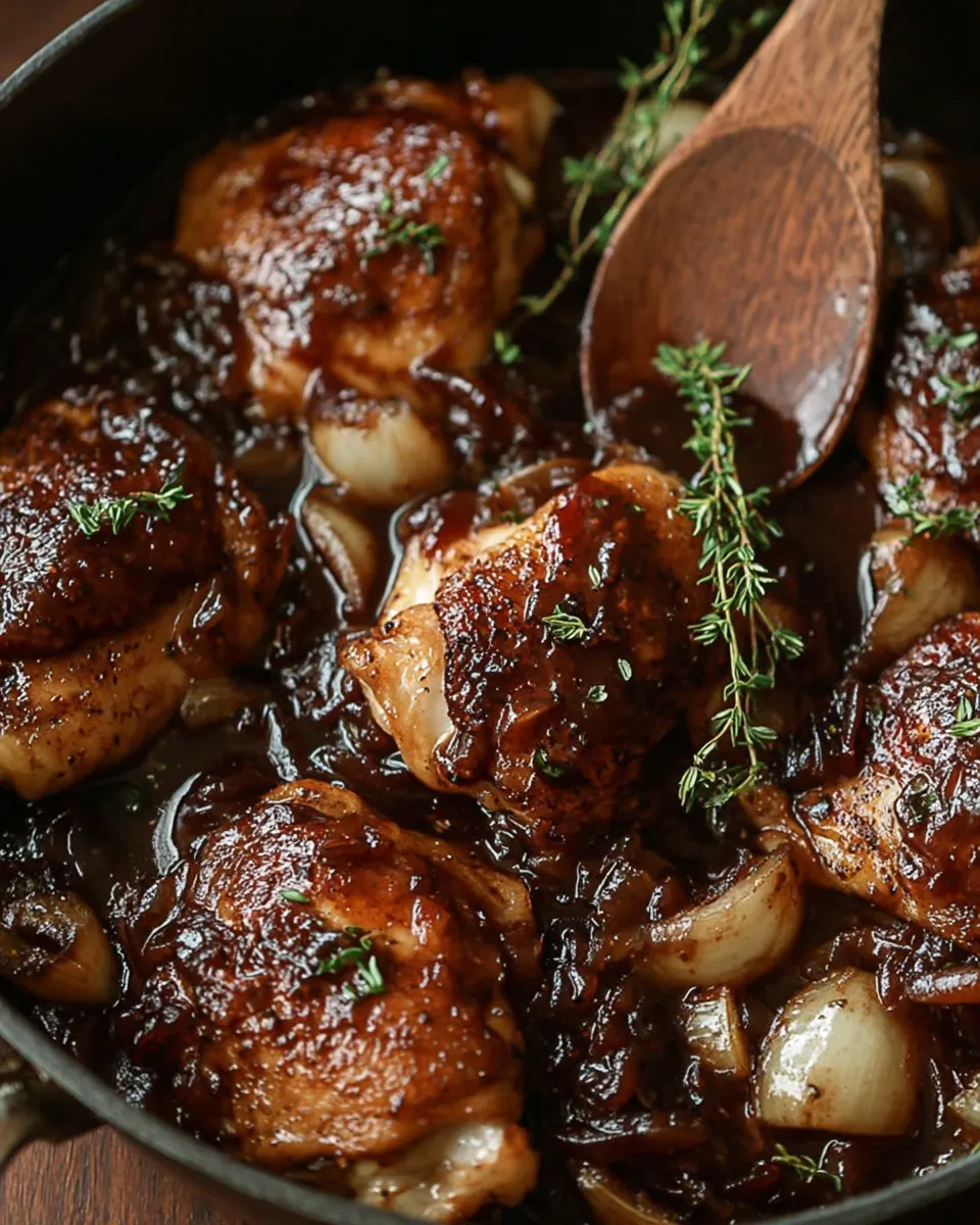 Balsamic fig chicken thighs with caramelized onions and thyme in a skillet