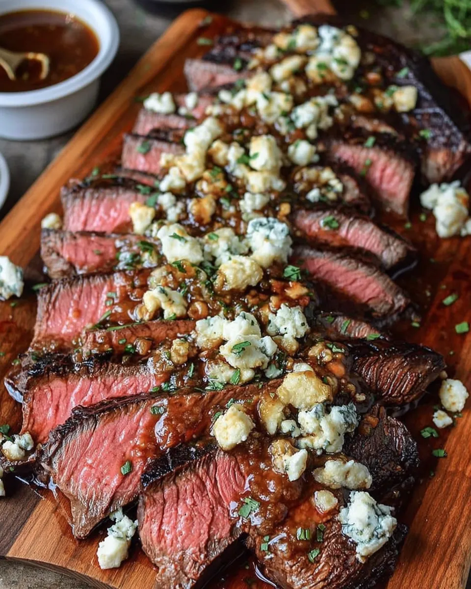 Balsamic marinated flank steak with blue cheese crust