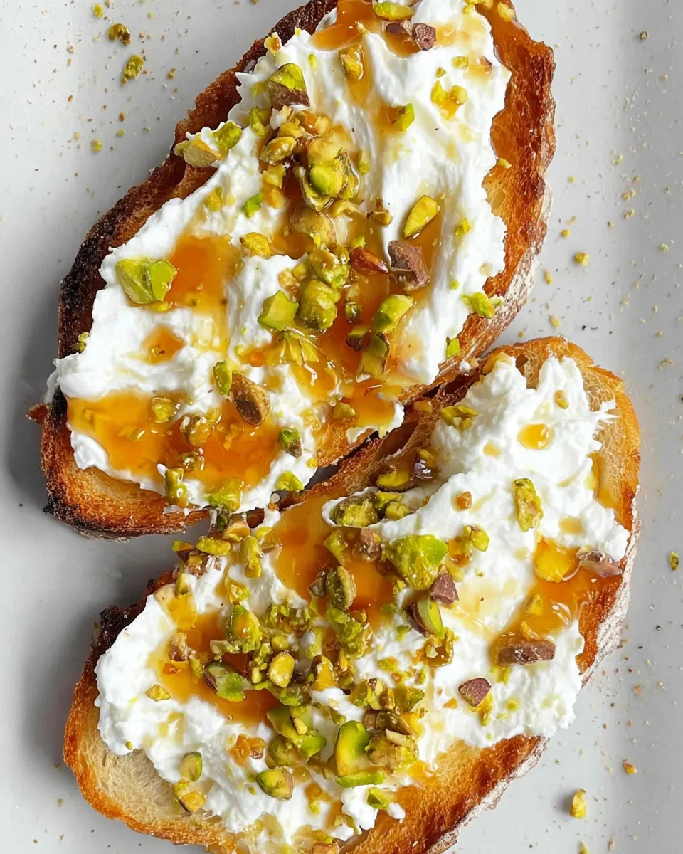 Burrata toast topped with crushed pistachios and hot honey on plate