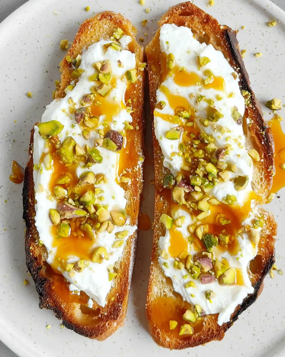 Burrata toast with pistachios and hot honey on rustic bread