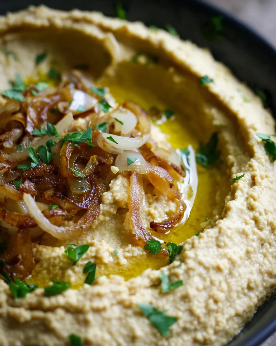 Caramelized Onion Hummus with paprika and parsley