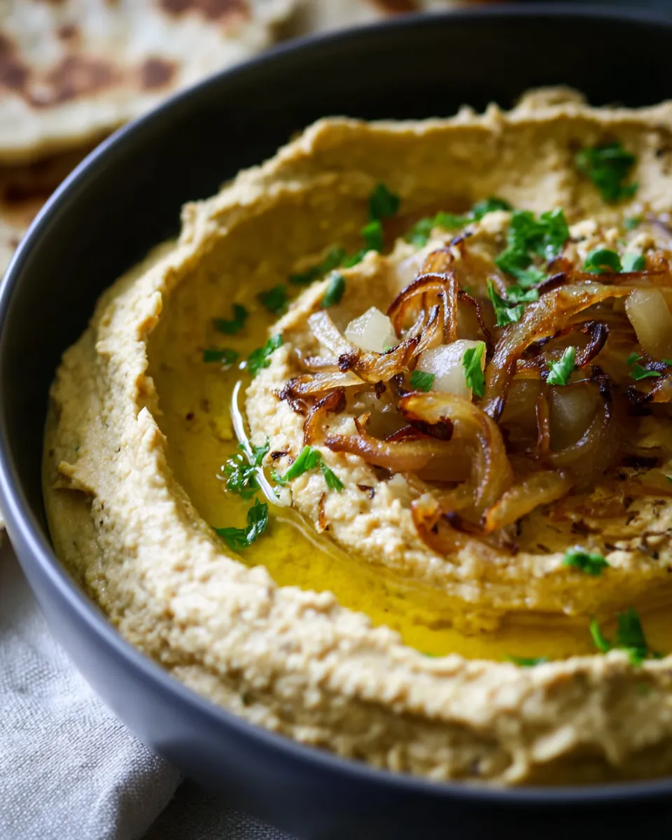 Creamy caramelized onion hummus in food processor