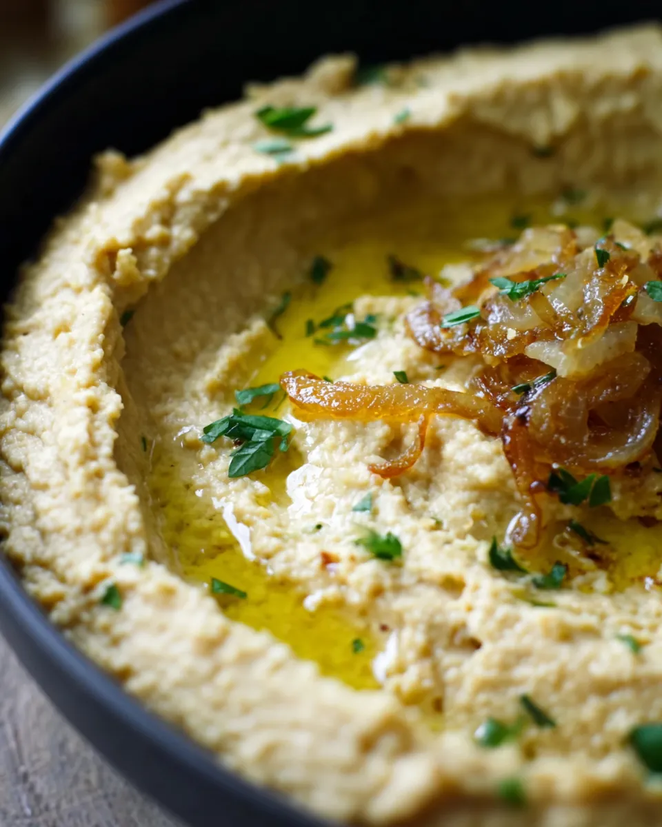 Caramelized onion hummus in a bowl with a swirl of olive oil and herbs