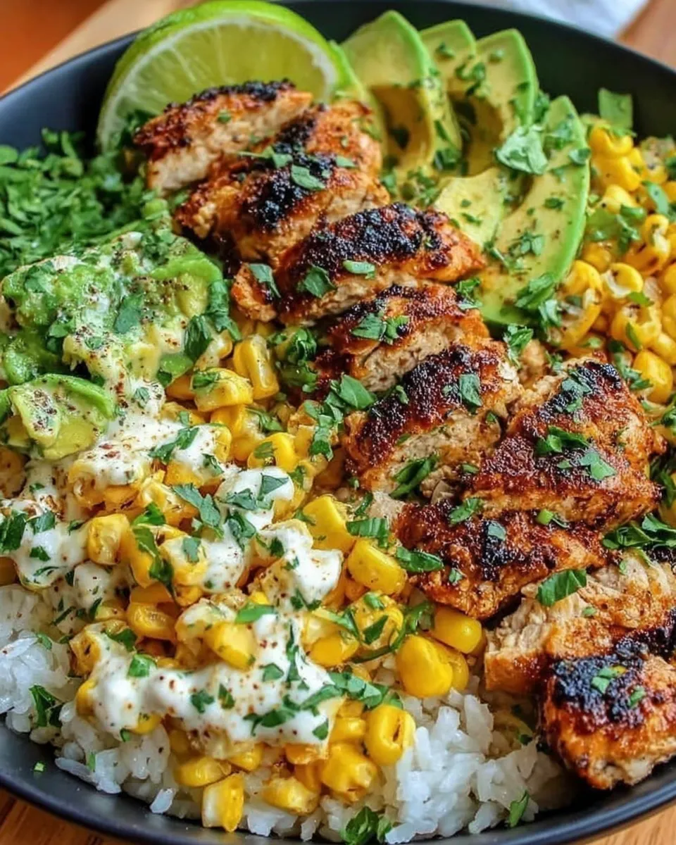 Charred Chicken Bowl with Mexican Street Corn and Avocado over Cilantro-Lime Rice