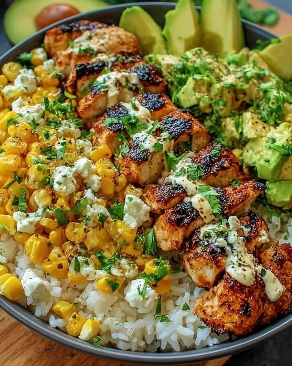 Overhead bowl with sliced chicken, street corn, rice, and avocado
