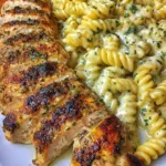 Cheesy Cajun chicken twisted pasta with creamy Alfredo sauce in a skillet