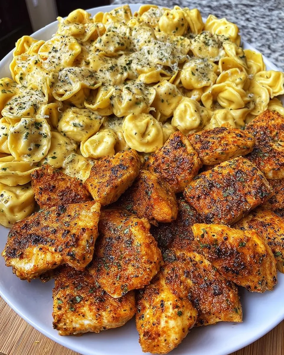 Cajun chicken tortellini with creamy Velveeta cheese sauce in a skillet