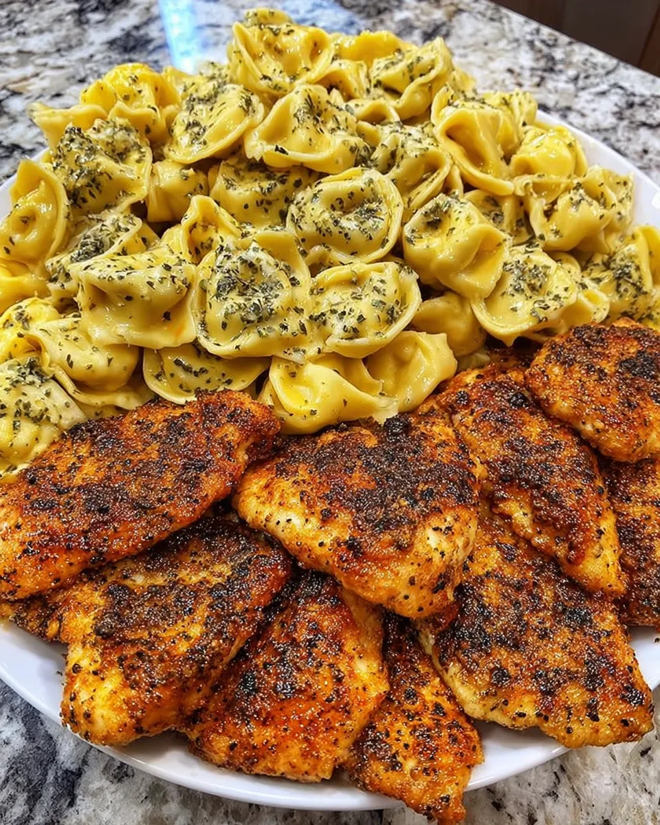 Cajun chicken tortellini with creamy Velveeta cheese sauce in a skillet