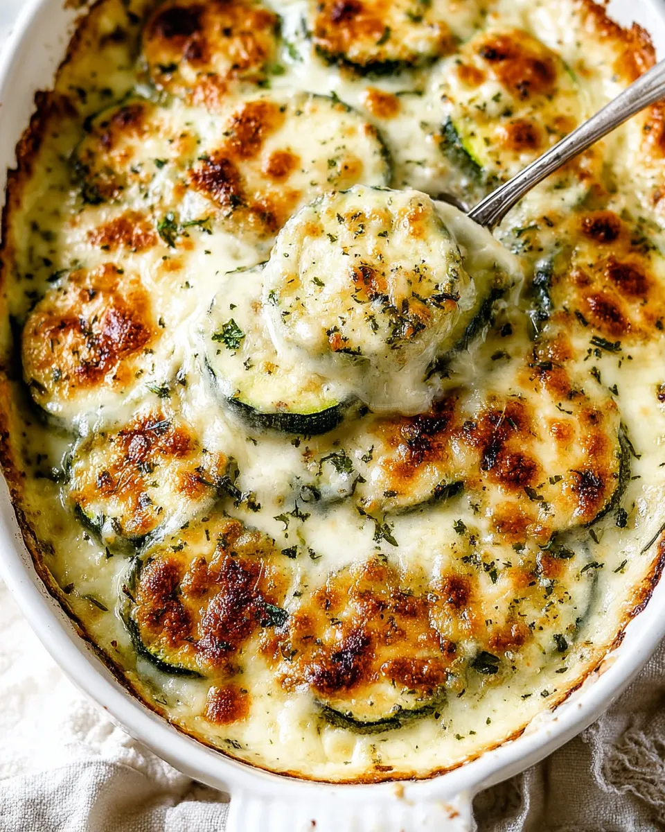 cheesy zucchini gratin baked in a white dish