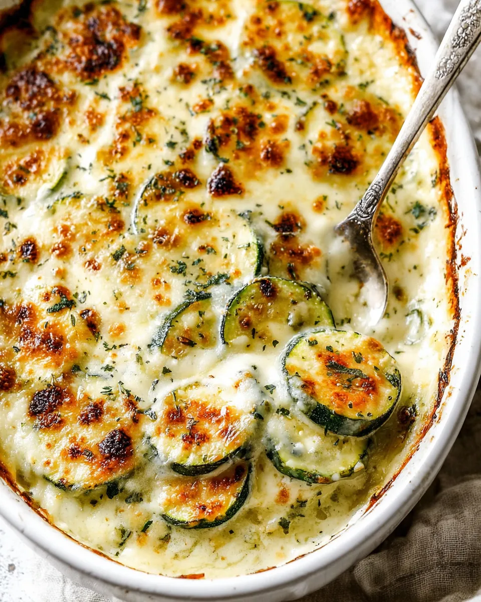 Cheesy zucchini gratin in a white baking dish, golden and bubbly