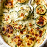 Cheesy zucchini gratin in a white baking dish, golden and bubbly