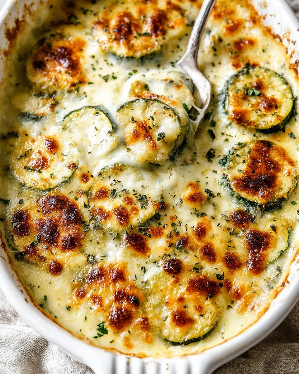 Cheesy zucchini gratin in a white baking dish, golden and bubbly