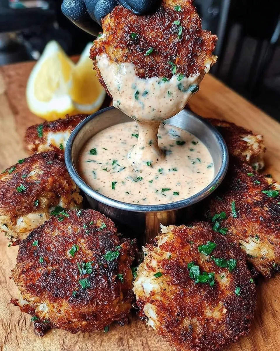 Crab cakes with remoulade and lemon wedges