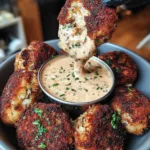 Crispy crab cakes with remoulade sauce on a plate with lemon wedges