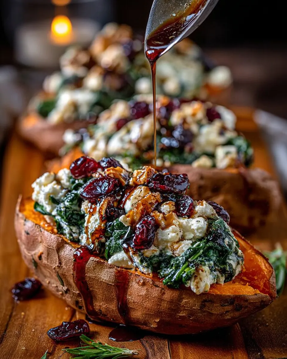 Served Creamy Ricotta & Spinach Stuffed Sweet Potato with Cranberry Glaze