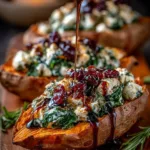 Creamy Ricotta & Spinach Stuffed Sweet Potatoes with Balsamic Cranberry Glaze