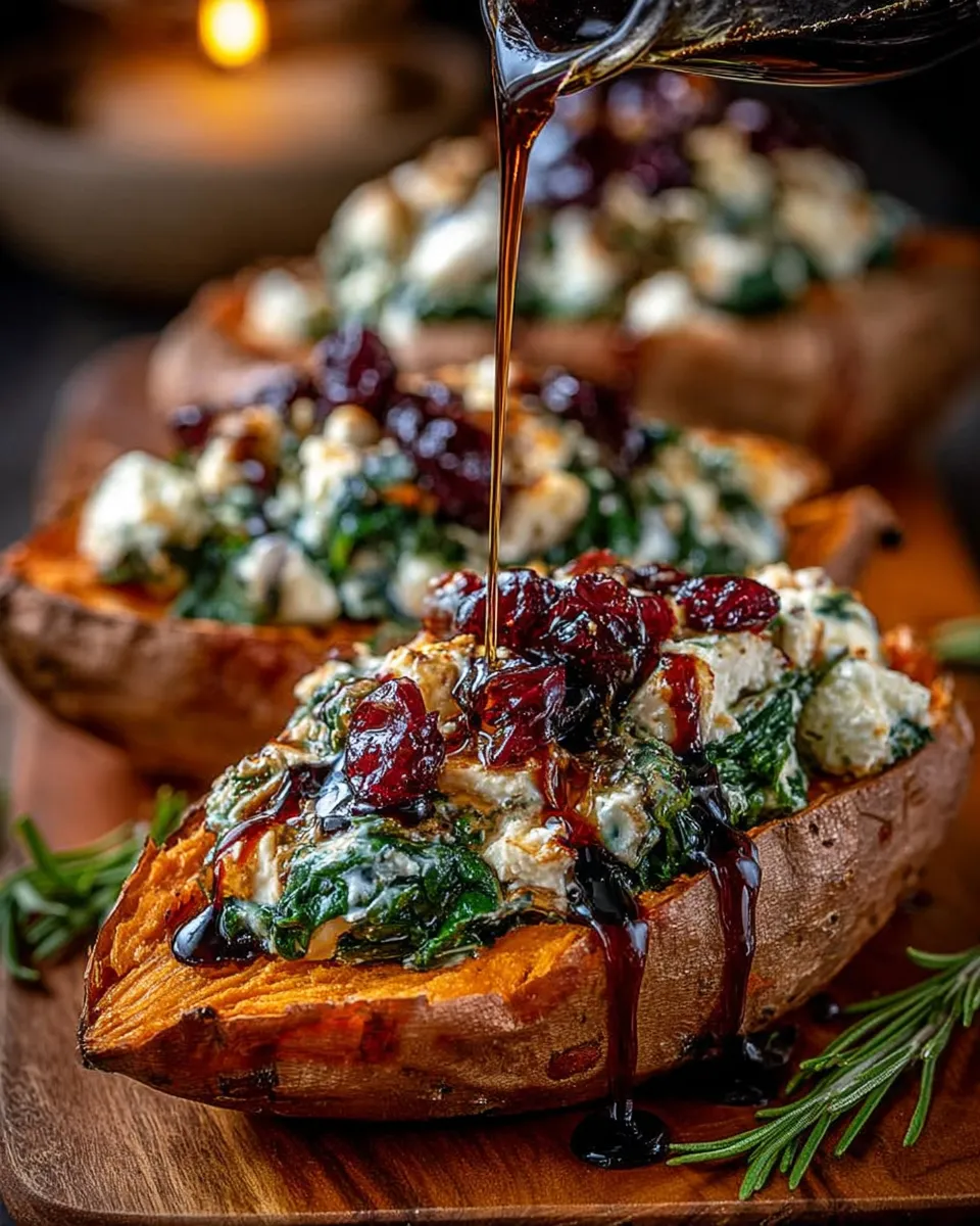 Creamy Ricotta & Spinach Stuffed Sweet Potatoes with Balsamic Cranberry Glaze