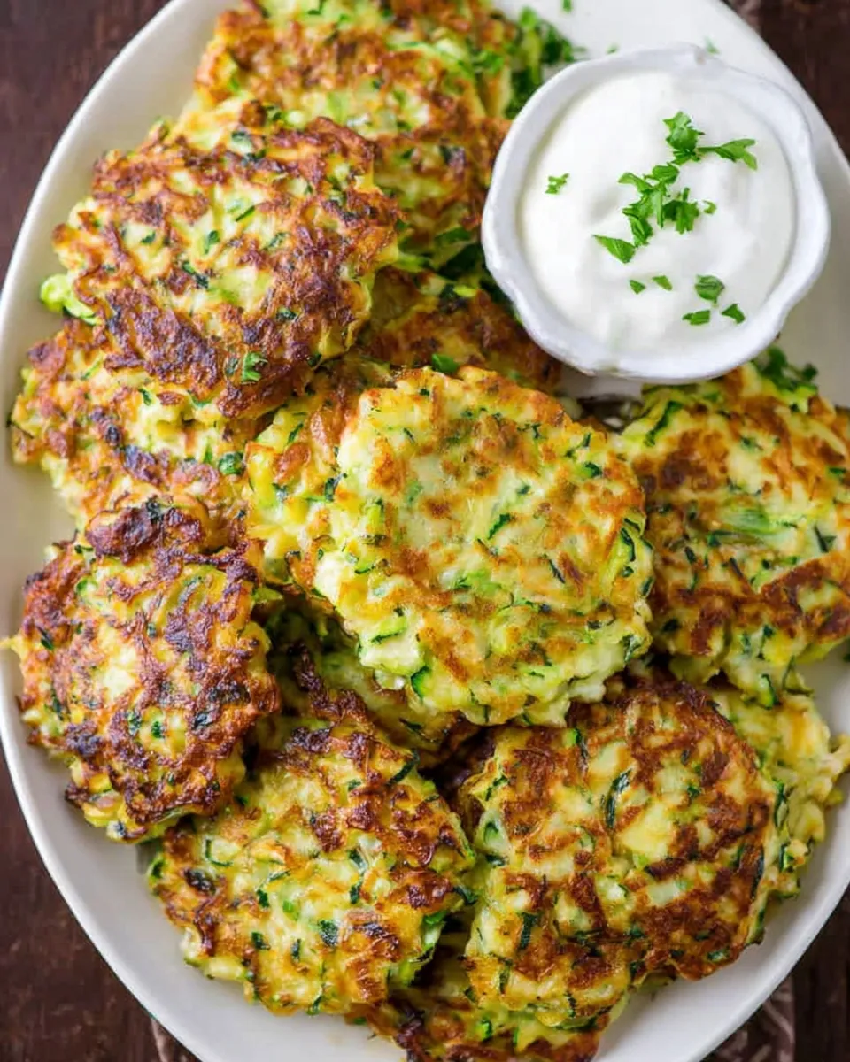 Crispy zucchini fritters stacked on a plate with herbs and dipping sauce