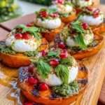 Grilled sweet potato and burrata salad with pomegranate seeds and green pesto drizzle