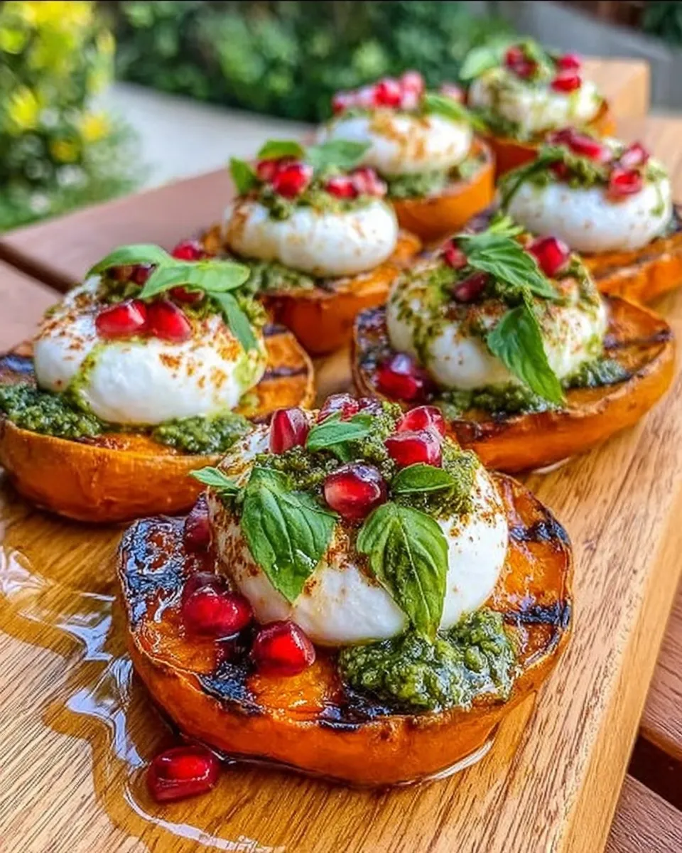 Grilled sweet potato and burrata salad with pomegranate seeds and green pesto drizzle