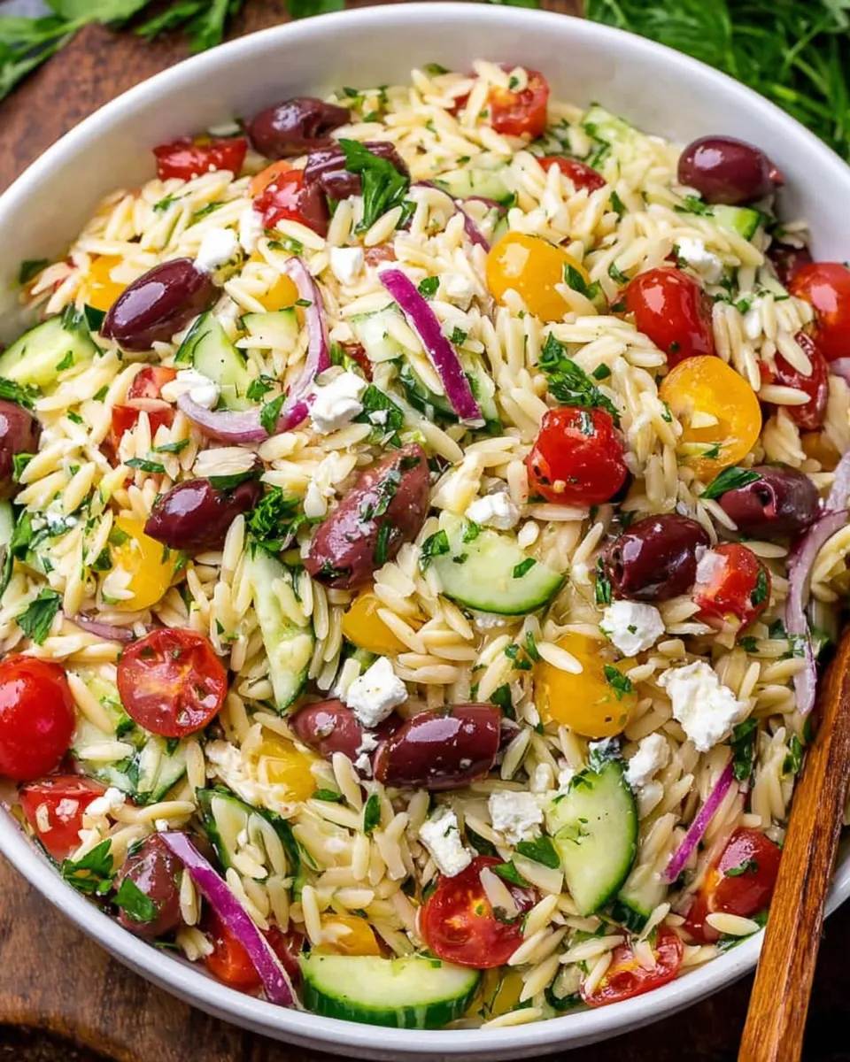Tossing Greek Orzo Salad with feta and vegetables