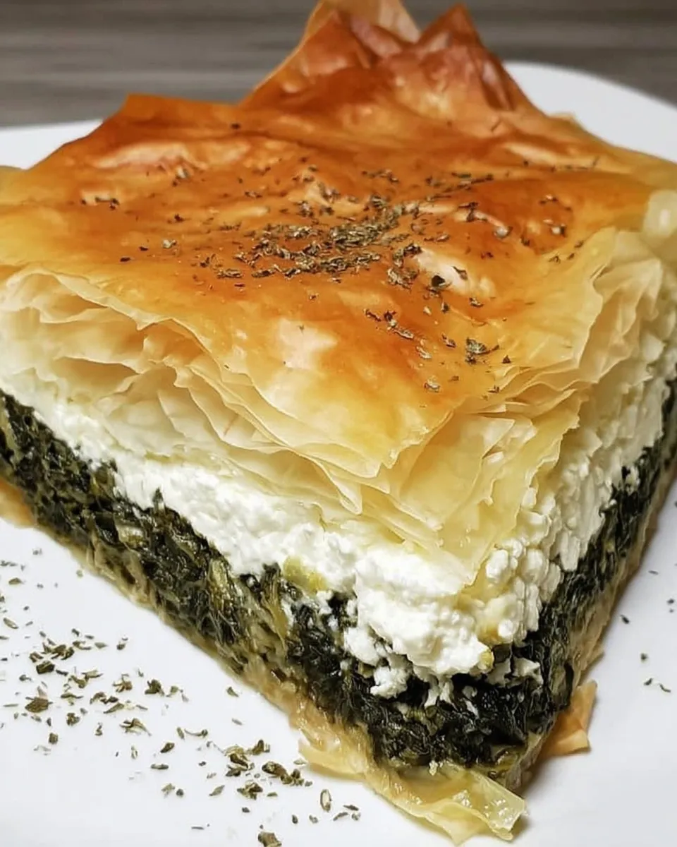 Greek Spinach Pie in baking dish on rustic table