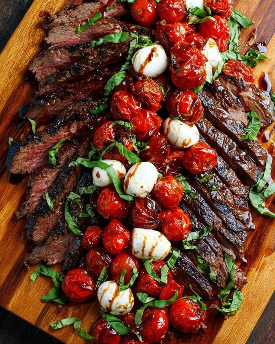Grilled flank steak with balsamic tomatoes and mozzarella