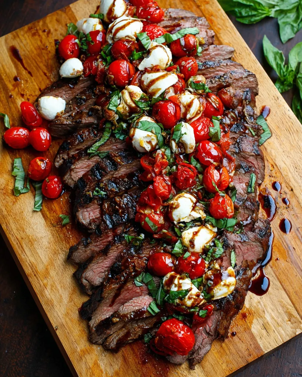 Sliced grilled flank steak topped with balsamic tomatoes and mozzarella