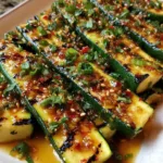 Charred grilled zucchini drizzled with spicy Asian sauce