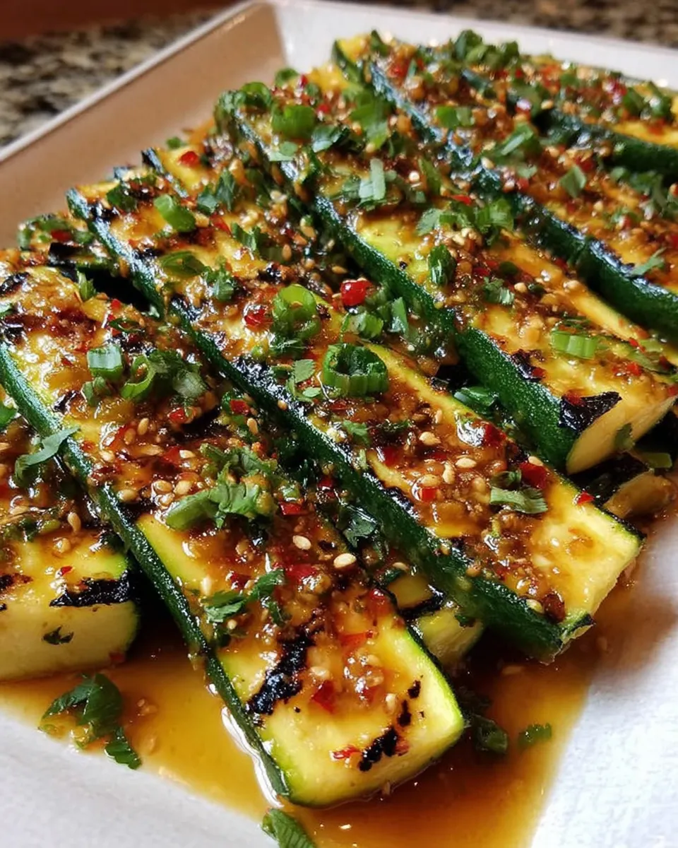 Charred grilled zucchini drizzled with spicy Asian sauce