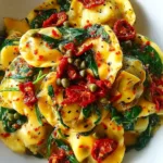 Italian ravioli pasta with spinach, sun-dried tomatoes, and artichokes