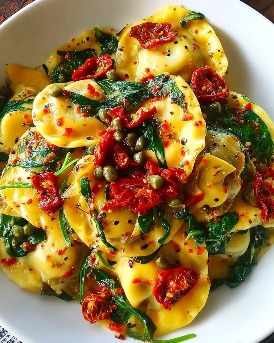 Italian ravioli pasta with spinach, sun-dried tomatoes, and artichokes