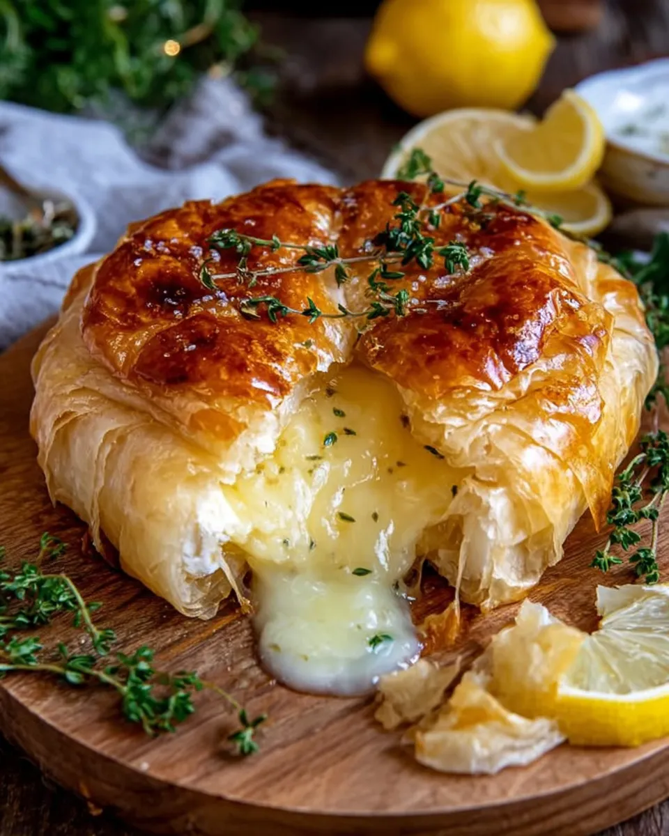 Lemon Herb Baked Brie in Puff Pastry sliced open
