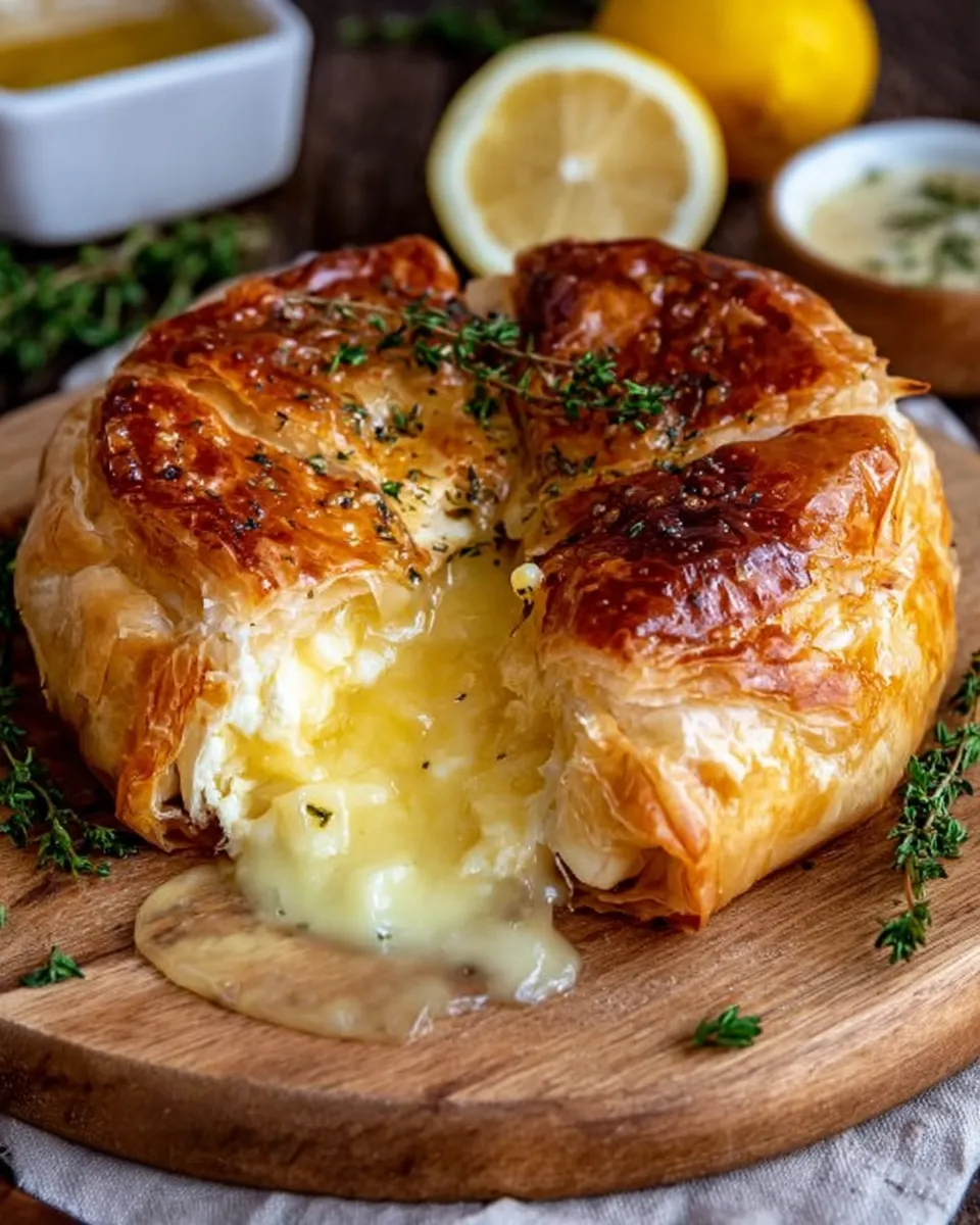 Puff pastry wrapped around Brie with egg wash, ready for oven