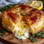 Golden puff pastry wrapped Brie with lemon and thyme