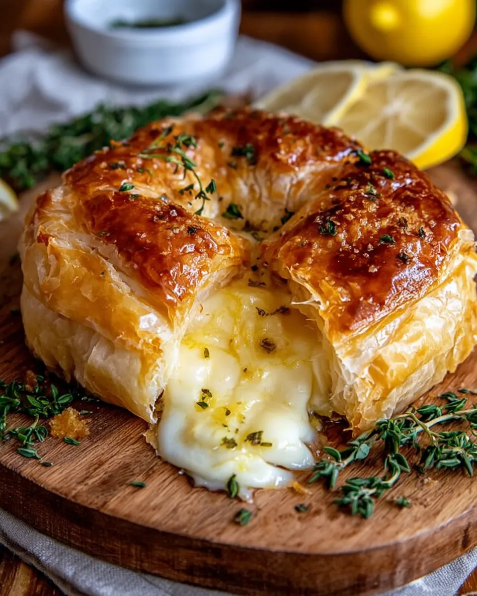 Golden puff pastry wrapped Brie with lemon and thyme