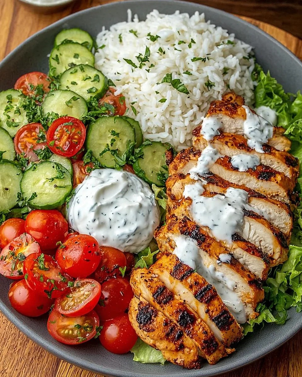 Loaded Grilled Chicken Tzatziki Bowl with Rice and Yogurt Sauce