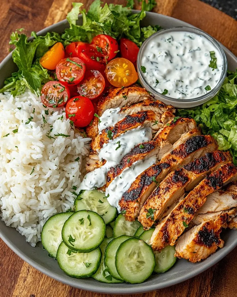 Grilled chicken tzatziki bowl with rice, romaine, tomatoes, cucumbers, and creamy white sauce garnished with fresh herbs.