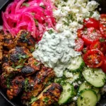 Mediterranean chicken bowl with quinoa, tzatziki, and feta cheese