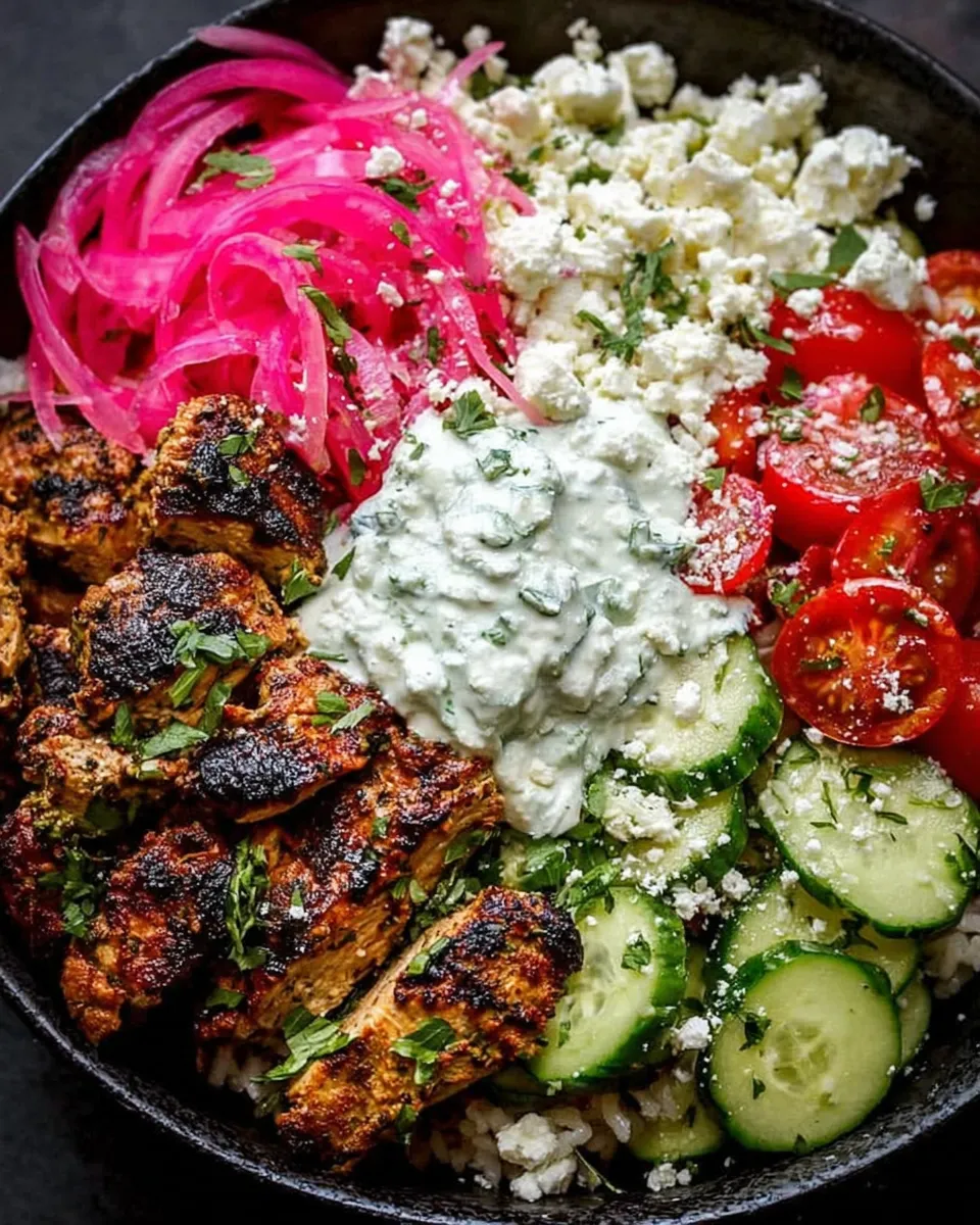Mediterranean chicken bowl with quinoa, tzatziki, and feta cheese
