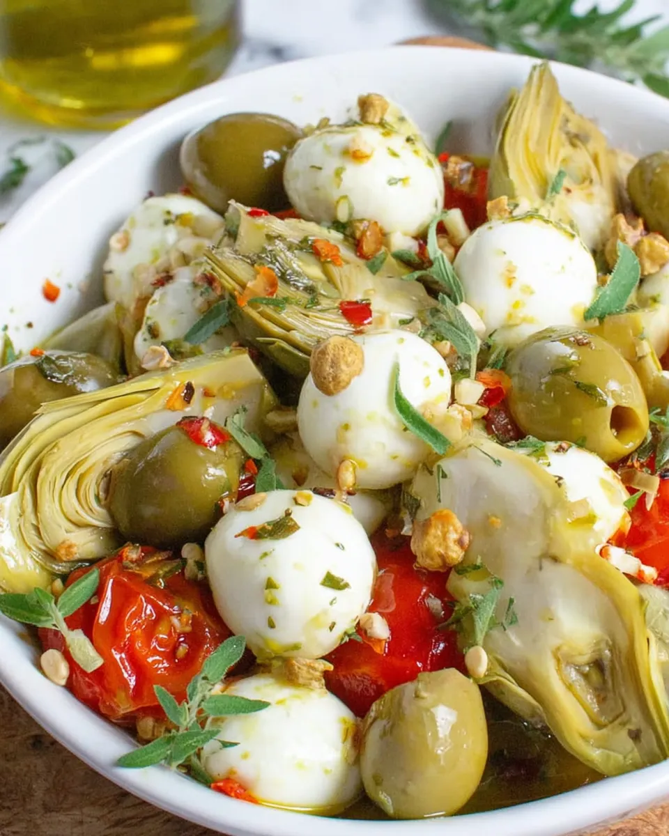 Tossing artichokes, olives, and mozzarella in marinade