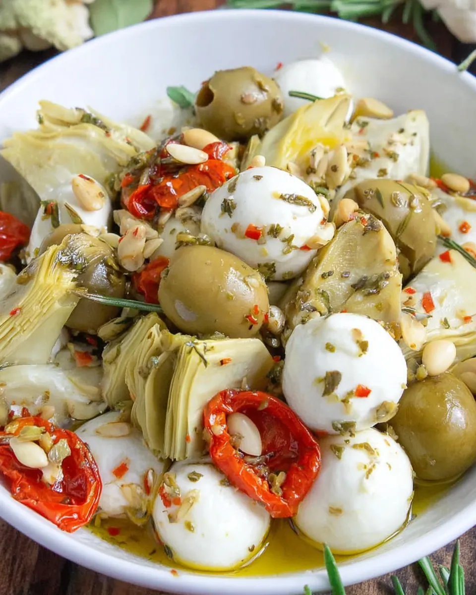 Marinated mozzarella balls, artichokes, and olives in a bowl with herbs