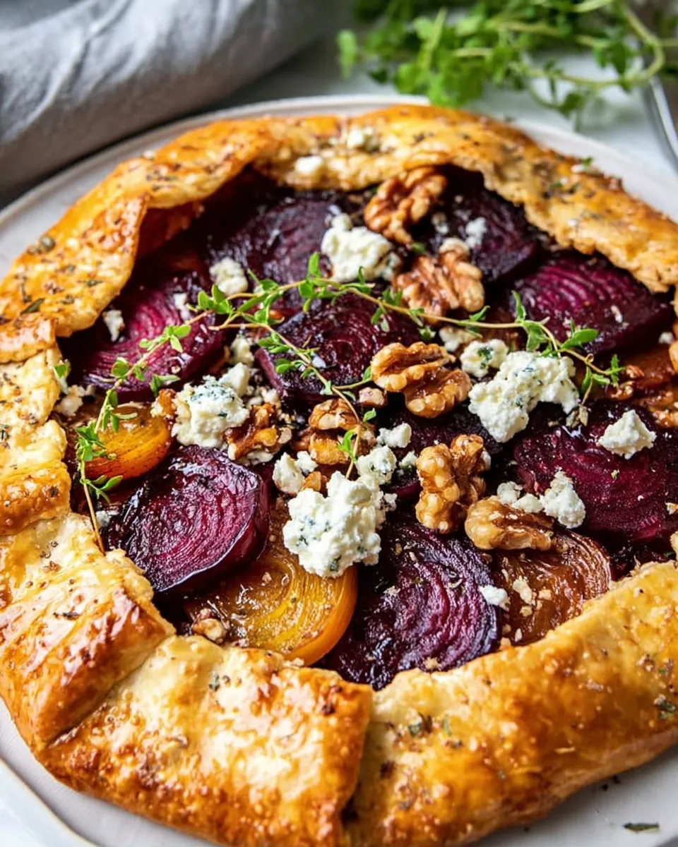 Mediterranean Beet, Feta & Walnut Galette on parchment with golden crust